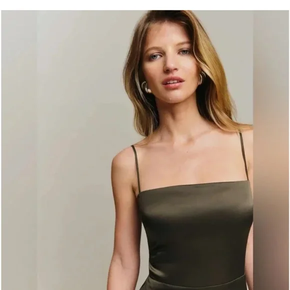 Reformation Frankie Silk Dress in Olive Green - Picture 4 of 4